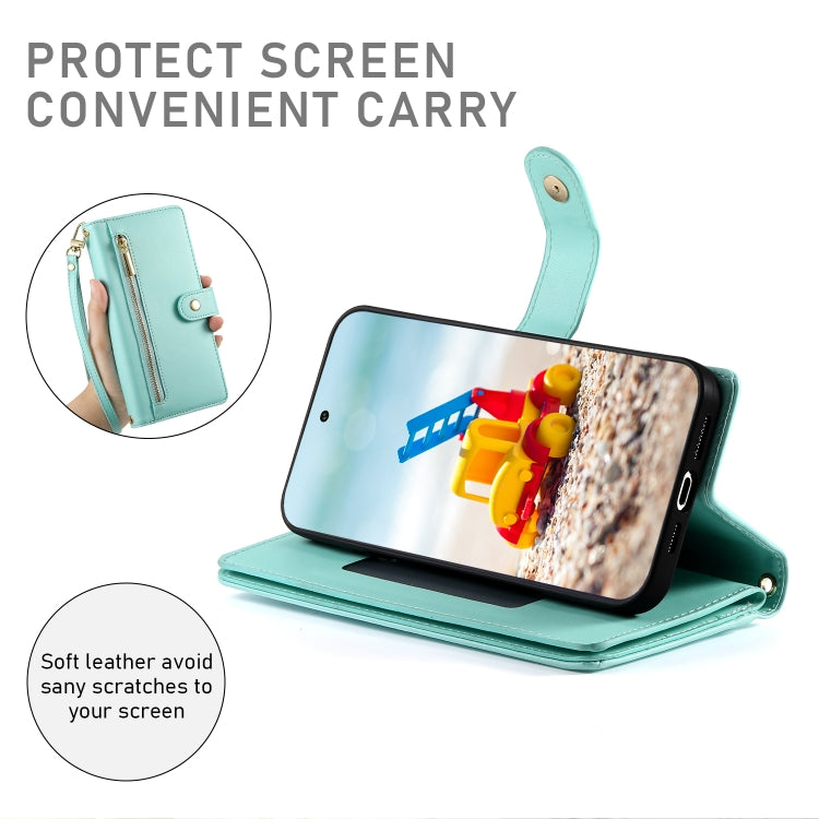 For Google Pixel 9 Pro XL Nine Card-slot Zipper Wallet Bag Leather Phone Case(Mint Green) - Google Cases by PMC Jewellery | Online Shopping South Africa | PMC Jewellery | Buy Now Pay Later Mobicred