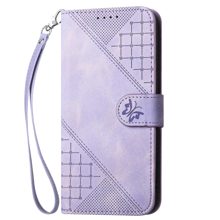 For iPhone 16e YX0080 Grid Butterfly Embossed Pattern Flip Leather Phone Case with Lanyard(Light Purple) - iPhone 16e Cases by PMC TechLife | Online Shopping South Africa | PMC TechLife | Buy Now Pay Later Mobicred