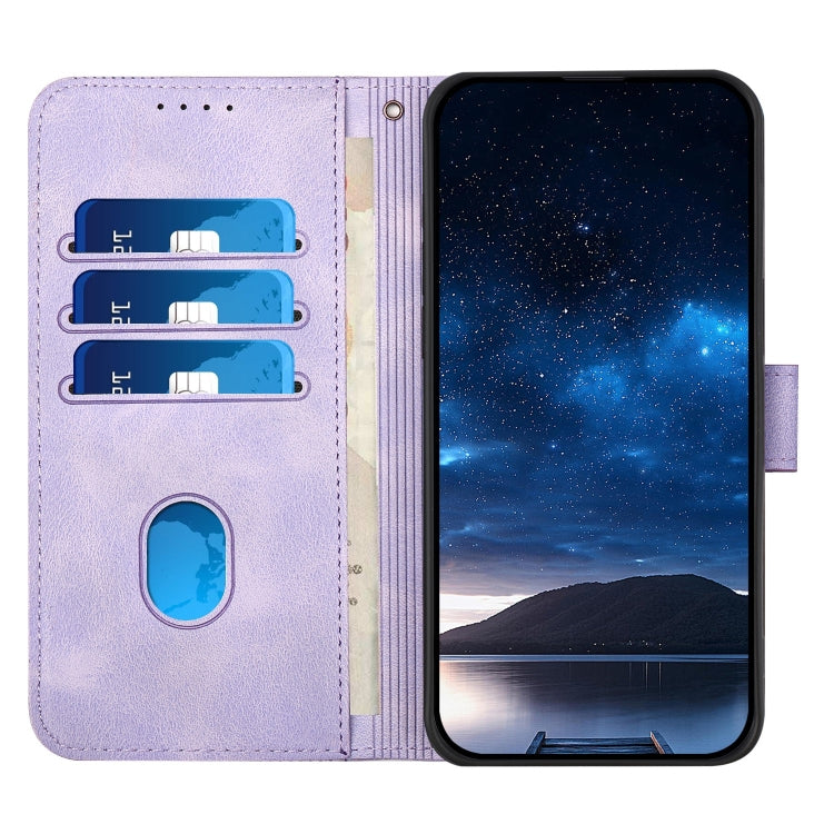 For iPhone 16e YX0080 Grid Butterfly Embossed Pattern Flip Leather Phone Case with Lanyard(Light Purple) - iPhone 16e Cases by PMC TechLife | Online Shopping South Africa | PMC TechLife | Buy Now Pay Later Mobicred