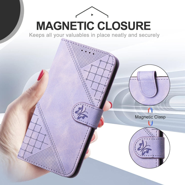 For iPhone 16e YX0080 Grid Butterfly Embossed Pattern Flip Leather Phone Case with Lanyard(Light Purple) - iPhone 16e Cases by PMC TechLife | Online Shopping South Africa | PMC TechLife | Buy Now Pay Later Mobicred