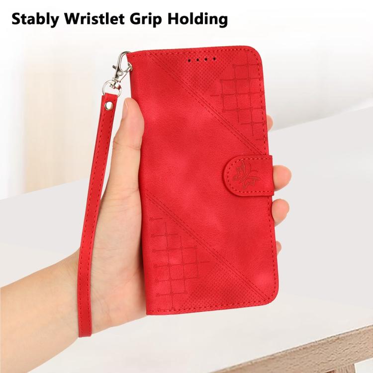 For iPhone 17 Air YX0080 Grid Butterfly Embossed Pattern Flip Leather Phone Case with Lanyard(Red) - free shipping - PMc TechLife - Order now!