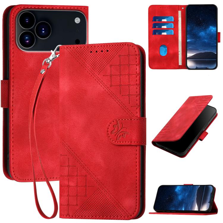 For iPhone 17 Pro Max YX0080 Grid Butterfly Embossed Pattern Flip Leather Phone Case with Lanyard(Red) - free shipping - PMc TechLife - Order now!