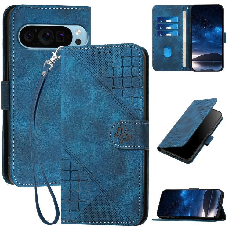 For Google Pixel 9 / 9 Pro YX0080 Grid Butterfly Embossed Pattern Flip Leather Phone Case with Lanyard(Dark Blue) - Google Cases by PMC Jewellery | Online Shopping South Africa | PMC Jewellery | Buy Now Pay Later Mobicred