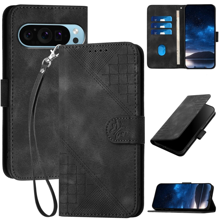 For Google Pixel 9 / 9 Pro YX0080 Grid Butterfly Embossed Pattern Flip Leather Phone Case with Lanyard(Black) - Google Cases by PMC Jewellery | Online Shopping South Africa | PMC Jewellery | Buy Now Pay Later Mobicred