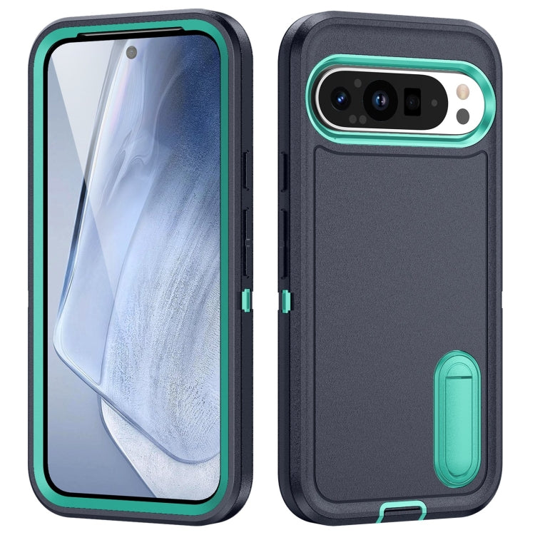 For Google Pixel 9 Pro Rugged PC + Silicone Phone Case with Holder(Dark Blue+Light Green) - Google Cases by PMC Jewellery | Online Shopping South Africa | PMC Jewellery | Buy Now Pay Later Mobicred