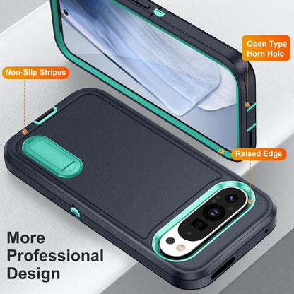 For Google Pixel 9 Pro Rugged PC + Silicone Phone Case with Holder(Dark Blue+Light Green) - Google Cases by PMC Jewellery | Online Shopping South Africa | PMC Jewellery | Buy Now Pay Later Mobicred