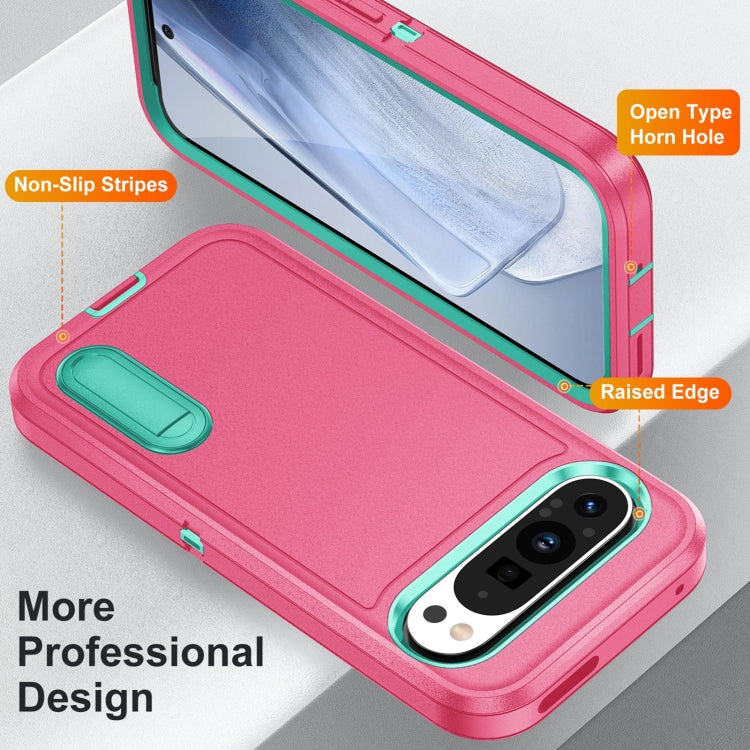 For Google Pixel 9 Rugged PC + Silicone Phone Case with Holder(Rose Red+Light Green) - Google Cases by PMC Jewellery | Online Shopping South Africa | PMC Jewellery | Buy Now Pay Later Mobicred