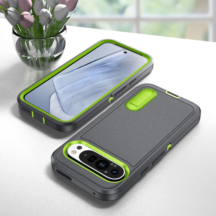 For Google Pixel 9 Rugged PC + Silicone Phone Case with Holder(Grey+Fresh Green) - free shipping - PMC TechLife - Order now!