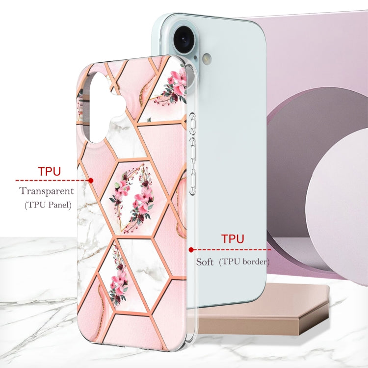 For iPhone 16 Plus Splicing Marble Flower IMD TPU Phone Case(Pink Flower) - iPhone 16 Plus Cases by PMC Jewellery | Online Shopping South Africa | PMC Jewellery | Buy Now Pay Later Mobicred