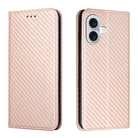 For iPhone 16 Plus Carbon Fiber Texture Magnetic Flip Leather Phone Case(Rose Gold) - iPhone 16 Plus Cases by PMC Jewellery | Online Shopping South Africa | PMC Jewellery | Buy Now Pay Later Mobicred