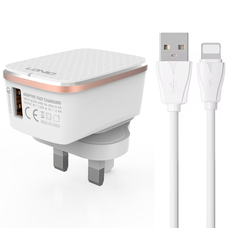 LDNIO A1204Q QC3.0 18W USB Fast Charger with 1m USB to 8 Pin Cable, Plug Type:UK Plug(White Gold) - USB Charger by LDNIO | Online Shopping South Africa | PMC Jewellery | Buy Now Pay Later Mobicred