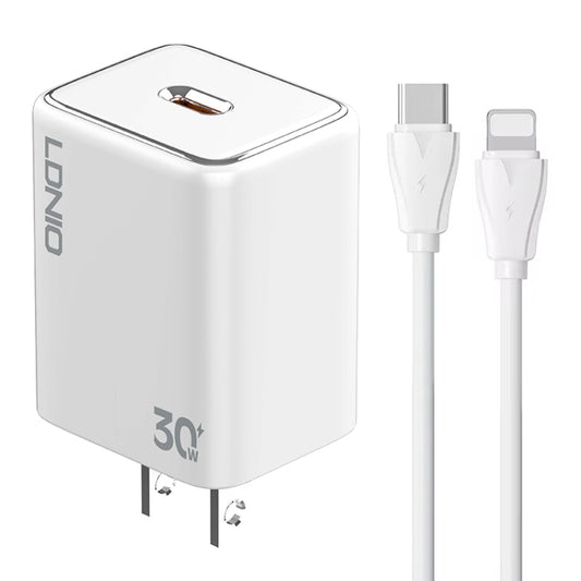 LDNIO A1508C PD30W USB-C / Type-C Fast Charger with 1m 8 Pin Cable(White) - USB Charger by LDNIO | Online Shopping South Africa | PMC Jewellery | Buy Now Pay Later Mobicred