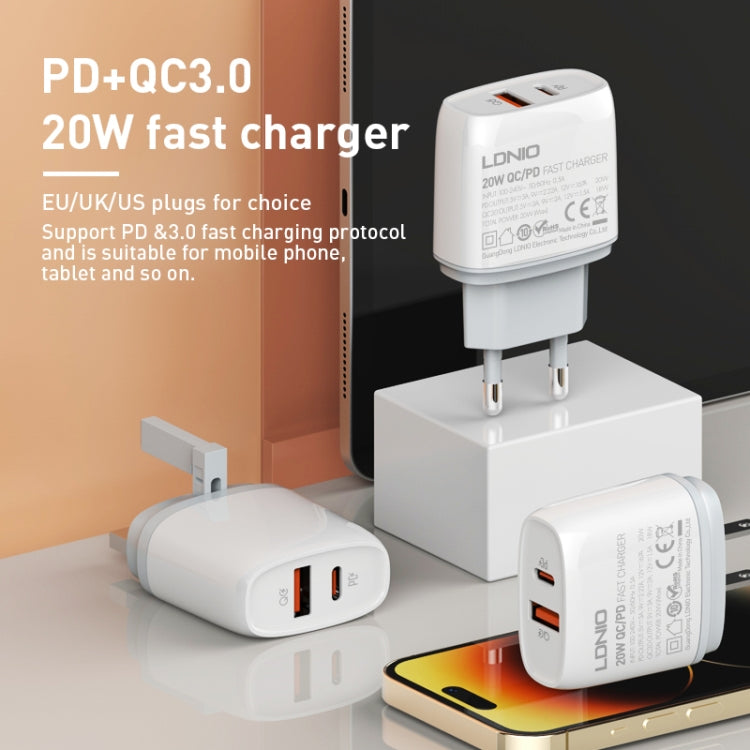 LDNIO Q229 QC3.0 / PD20W USB + Type-C Fast Charger with 1m USB to Micro USB Cable, Plug Type:EU Plug(White) - free shipping - PMC TechLife - Order now!