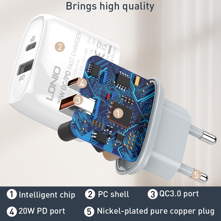 LDNIO Q229 QC3.0 / PD20W USB + Type-C Fast Charger with 1m USB to Micro USB Cable, Plug Type:EU Plug(White) - free shipping - PMC TechLife - Order now!