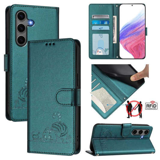 For Samsung Galaxy S25+ 5G Cat Rat Embossed RFID Leather Phone Case with Lanyard(Peacock Green) - Galaxy S25+ 5G Cases by PMC Jewellery | Online Shopping South Africa | PMC Jewellery | Buy Now Pay Later Mobicred