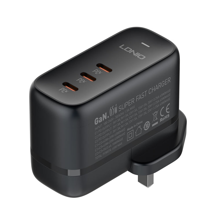 LDNIO Q367 65W GaN 3 x USB-C / Type-C Interface Charger with 1m USB-C / Type-C to USB-C / Type-C Data Cable, Plug Type:UK Plug(Black) - USB Charger by LDNIO | Online Shopping South Africa | PMC Jewellery | Buy Now Pay Later Mobicred