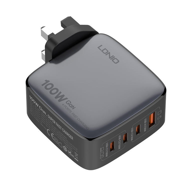 LDNIO Q408 100W GaN USB+3 USB-C / Type-C Interface Charger with 1m 100W USB-C / Type-C to USB-C / Type-C Data Cable, Plug Type:UK Plug(Black) - USB Charger by LDNIO | Online Shopping South Africa | PMC Jewellery | Buy Now Pay Later Mobicred