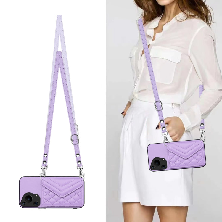 For Huawei Pura 70 Ultra Rhombic Texture Card Bag RFID Phone Case with Long Lanyard(Light Purple) - Huawei Cases by PMC Jewellery | Online Shopping South Africa | PMC Jewellery | Buy Now Pay Later Mobicred