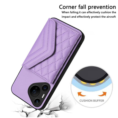 For Huawei Pura 70 Ultra Rhombic Texture Card Bag RFID Phone Case with Long Lanyard(Light Purple) - Huawei Cases by PMC Jewellery | Online Shopping South Africa | PMC Jewellery | Buy Now Pay Later Mobicred