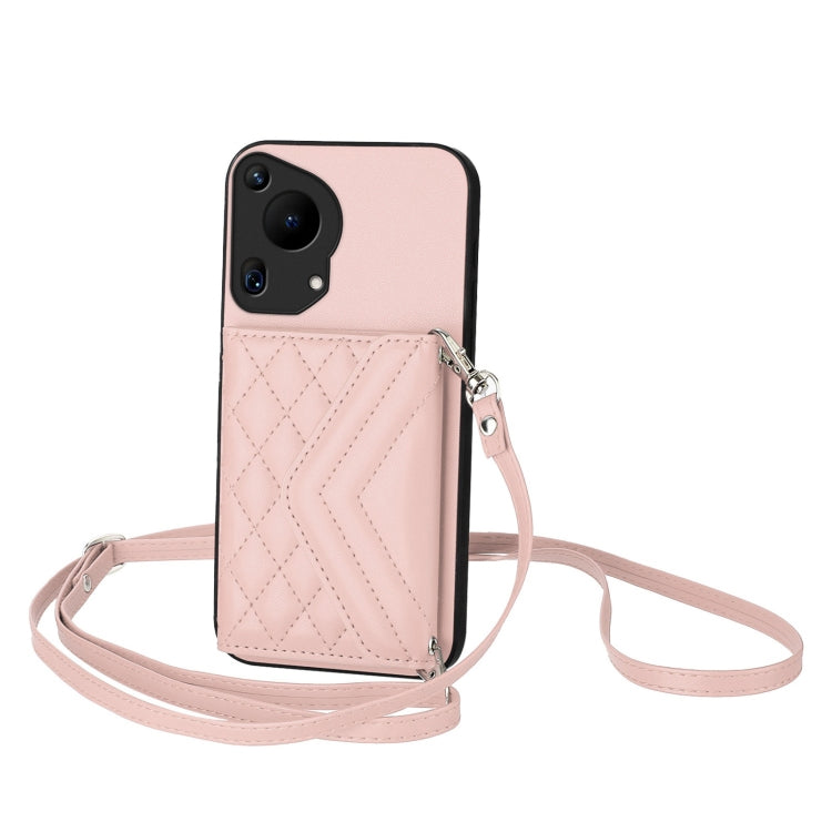 For Huawei Pura 70 Ultra Rhombic Texture Card Bag RFID Phone Case with Long Lanyard(Rose Gold) - Huawei Cases by PMC Jewellery | Online Shopping South Africa | PMC Jewellery | Buy Now Pay Later Mobicred