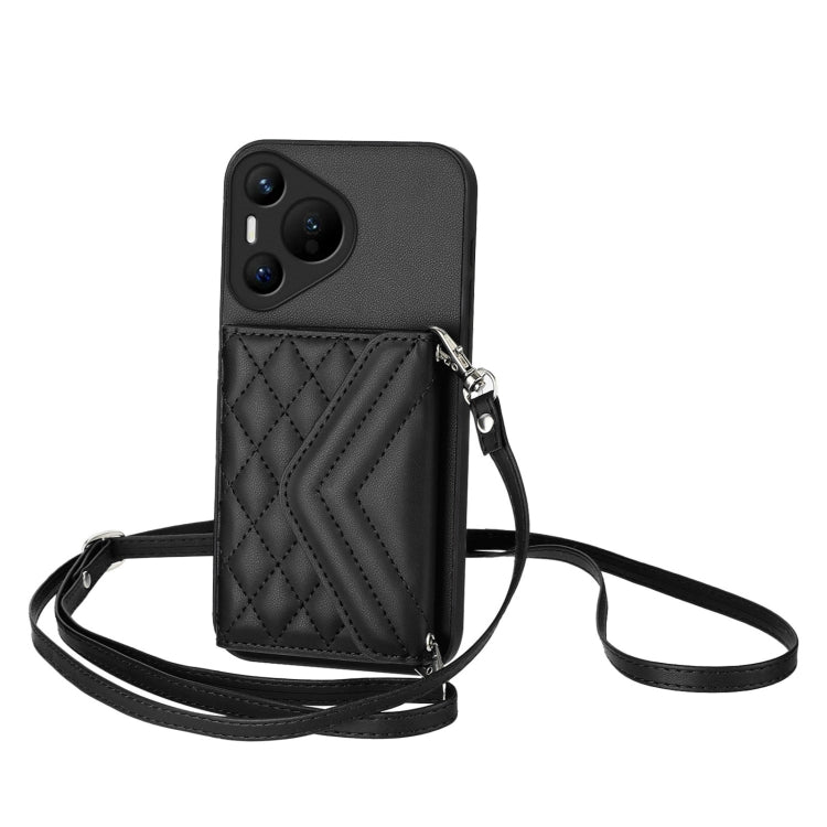 For Huawei Pura 70 Rhombic Texture Card Bag RFID Phone Case with Long Lanyard(Black) - Huawei Cases by PMC Jewellery | Online Shopping South Africa | PMC Jewellery | Buy Now Pay Later Mobicred