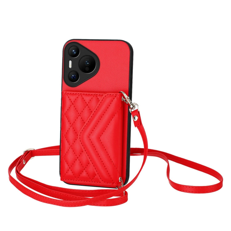 For Huawei Pura 70 Rhombic Texture Card Bag RFID Phone Case with Long Lanyard(Red) - Huawei Cases by PMC Jewellery | Online Shopping South Africa | PMC Jewellery | Buy Now Pay Later Mobicred