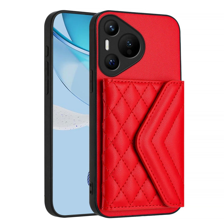 For Huawei Pura 70 Rhombic Texture Card Bag RFID Phone Case with Long Lanyard(Red) - Huawei Cases by PMC Jewellery | Online Shopping South Africa | PMC Jewellery | Buy Now Pay Later Mobicred