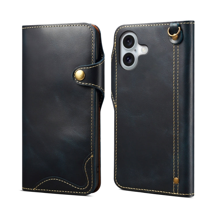 For iPhone 16 Denior B01 Oil Wax Cowhide Magnetic Button Genuine Leather Case(Blue) - iPhone 16 Cases by Denior | Online Shopping South Africa | PMC Jewellery | Buy Now Pay Later Mobicred