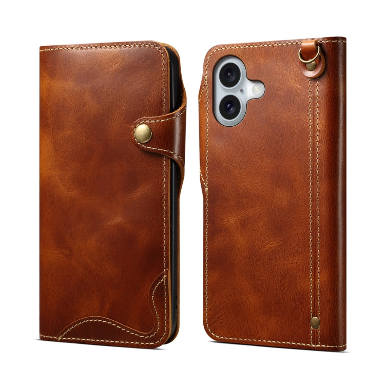 For iPhone 16 Denior B01 Oil Wax Cowhide Magnetic Button Genuine Leather Case(Brown) - iPhone 16 Cases by Denior | Online Shopping South Africa | PMC Jewellery | Buy Now Pay Later Mobicred