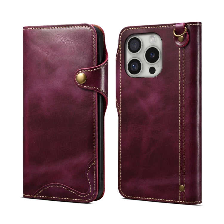 For iPhone 16 Pro Max Denior B01 Oil Wax Cowhide Magnetic Button Genuine Leather Case(Purple) - iPhone 16 Pro Max Cases by Denior | Online Shopping South Africa | PMC Jewellery | Buy Now Pay Later Mobicred