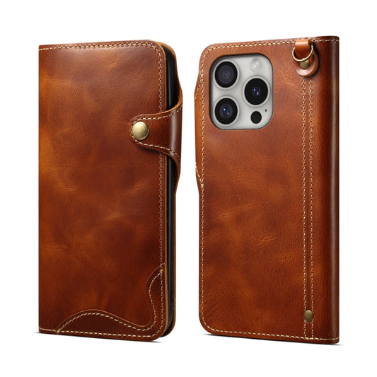 For iPhone 16 Pro Max Denior B01 Oil Wax Cowhide Magnetic Button Genuine Leather Case(Brown) - iPhone 16 Pro Max Cases by Denior | Online Shopping South Africa | PMC Jewellery | Buy Now Pay Later Mobicred