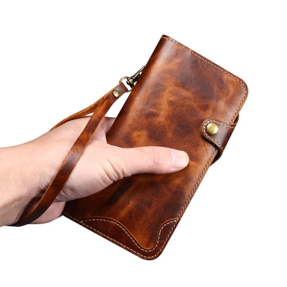 For iPhone 16 Denior B01 Oil Wax Cowhide Magnetic Button Genuine Leather Case(Brown) - iPhone 16 Cases by Denior | Online Shopping South Africa | PMC Jewellery | Buy Now Pay Later Mobicred