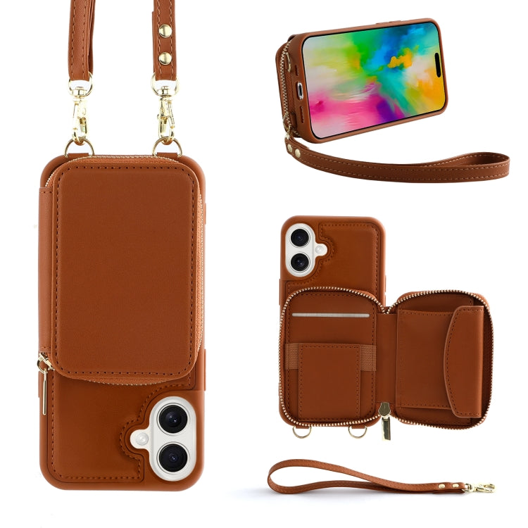 For iPhone 16 Crossbody Zipper Wallet Bag Leather Phone Case with Lanyard(Brown) - iPhone 16 Cases by PMC Jewellery | Online Shopping South Africa | PMC Jewellery | Buy Now Pay Later Mobicred