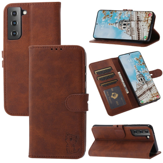 For Samsung Galaxy S25+ 5G Embossed Happy Cat Pattern Flip Leather Phone Case(Brown) - Galaxy S25+ 5G Cases by PMC Jewellery | Online Shopping South Africa | PMC Jewellery | Buy Now Pay Later Mobicred