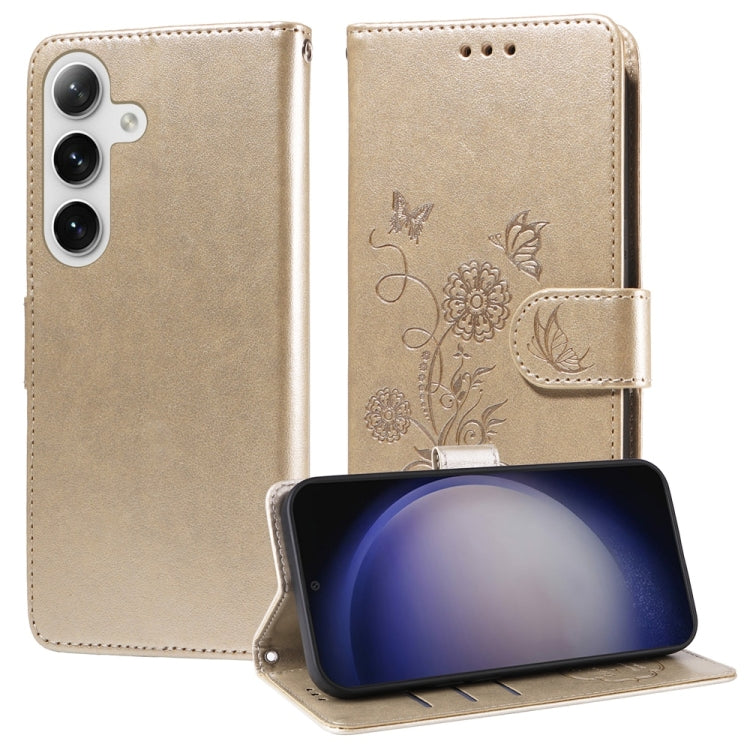 For Samsung Galaxy S25+ 5G Embossed Butterfly Flowers Leather Phone Case(Gold) - Galaxy S25+ 5G Cases by PMC Jewellery | Online Shopping South Africa | PMC Jewellery | Buy Now Pay Later Mobicred