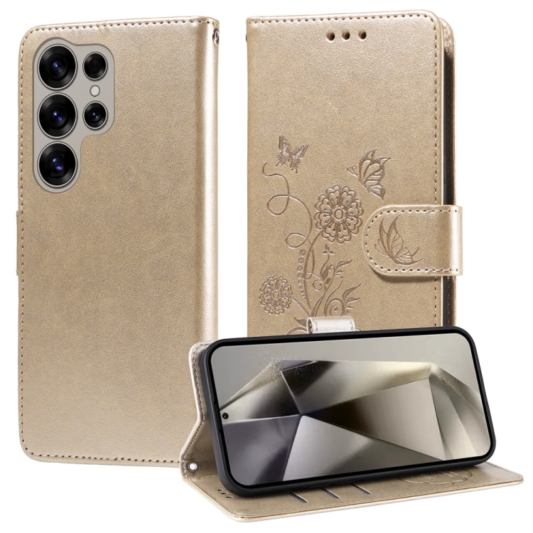 For Samsung Galaxy S25 Ultra 5G Embossed Butterfly Flowers Leather Phone Case(Gold) - Galaxy S25 Ultra 5G Cases by PMC Jewellery | Online Shopping South Africa | PMC Jewellery | Buy Now Pay Later Mobicred