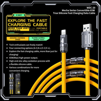 WK WDC-20 Mecha Series Silicone 1.4m 65W 4-in-1 Fast Charging Data Cable(Yellow) - Multifunction Cable by WK | Online Shopping South Africa | PMC Jewellery | Buy Now Pay Later Mobicred