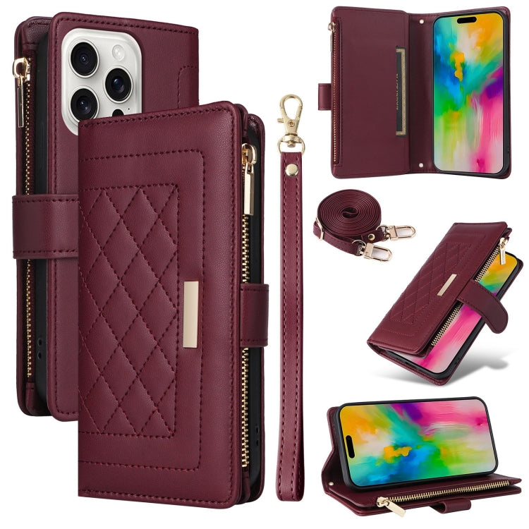 For iPhone 16 Pro Crossbody Zipper Wallet Rhombus Leather Phone Case(Wine Red) - iPhone 16 Pro Cases by PMC Jewellery | Online Shopping South Africa | PMC Jewellery | Buy Now Pay Later Mobicred