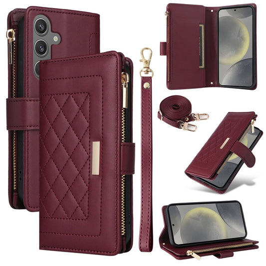 For Samsung Galaxy S24+ 5G Crossbody Zipper Wallet Rhombus Leather Phone Case(Wine Red) - Galaxy S24+ 5G Cases by PMC Jewellery | Online Shopping South Africa | PMC Jewellery | Buy Now Pay Later Mobicred