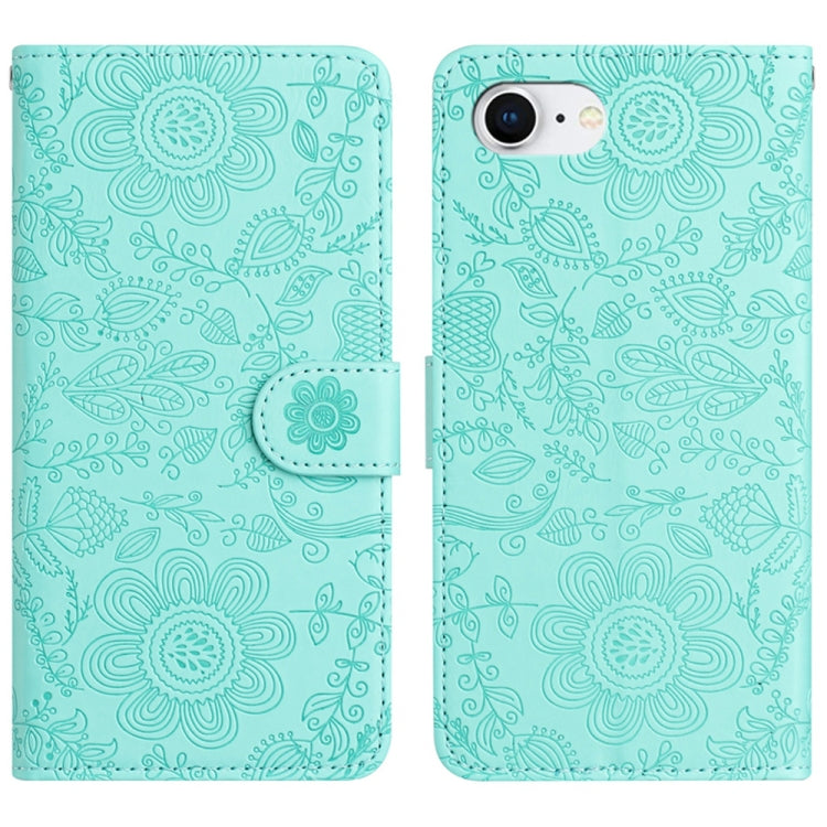For iPhone 16e Floral Embossed Pattern Leather Phone Case(Light Green) - iPhone 16e Cases by PMC TechLife | Online Shopping South Africa | PMC TechLife | Buy Now Pay Later Mobicred