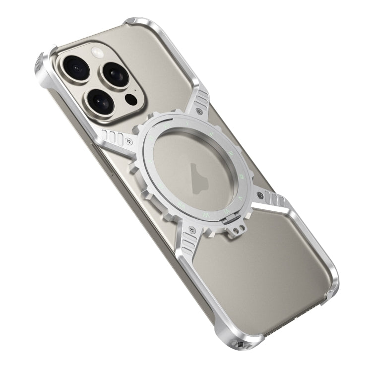 For iPhone 16 Mechanical Gear MagSafe Holder Borderless Metal Phone Case(Silver) - iPhone 16 Cases by PMC Jewellery | Online Shopping South Africa | PMC Jewellery | Buy Now Pay Later Mobicred