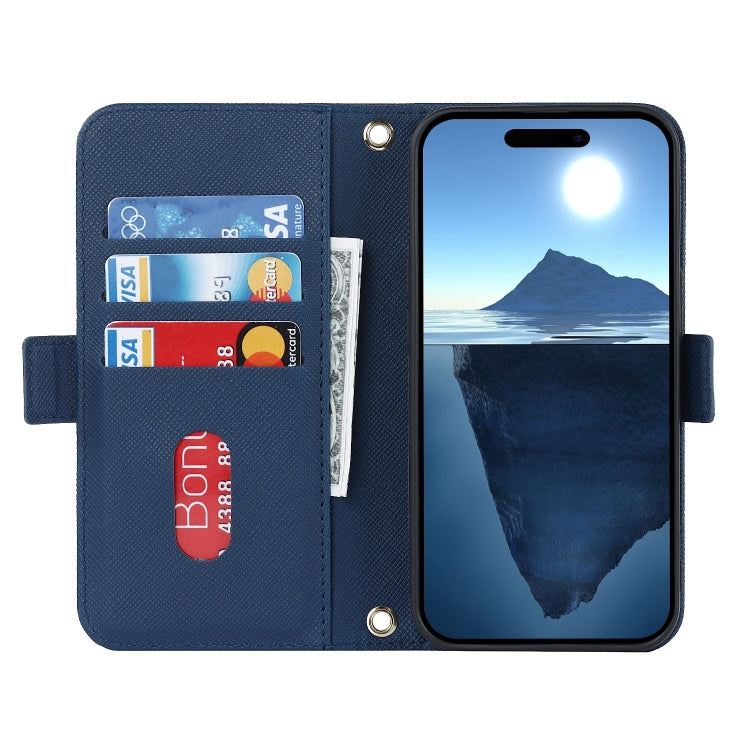 For iPhone 16 Plus Cross Texture Crossbody Lanyard Leather Phone Case(Blue) - free shipping - PMC Jewellery - Order now!