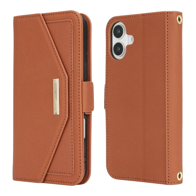 For iPhone 16 Plus Cross Texture Crossbody Lanyard Leather Phone Case(Brown) - iPhone 16 Plus Cases by PMC Jewellery | Online Shopping South Africa | PMC Jewellery | Buy Now Pay Later Mobicred