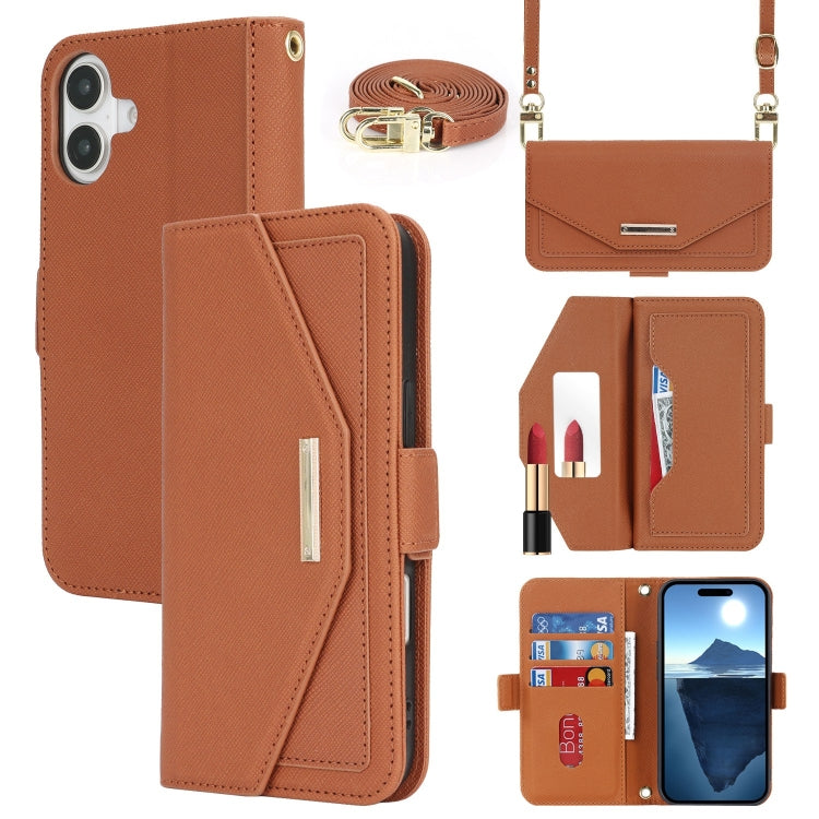 For iPhone 16 Cross Texture Crossbody Lanyard Leather Phone Case(Brown) - iPhone 16 Cases by PMC Jewellery | Online Shopping South Africa | PMC Jewellery | Buy Now Pay Later Mobicred