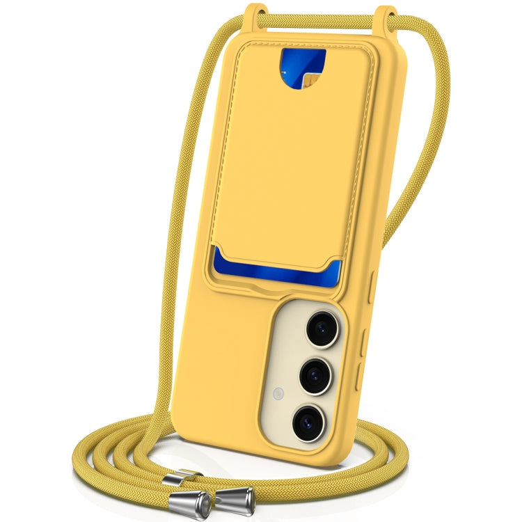 For Samsung Galaxy S25 5G Integrated Card Bag Solid Color Liquid Silicone Phone Case with Lanyard(Yellow) - Galaxy S25 5G Cases by PMC Jewellery | Online Shopping South Africa | PMC Jewellery | Buy Now Pay Later Mobicred