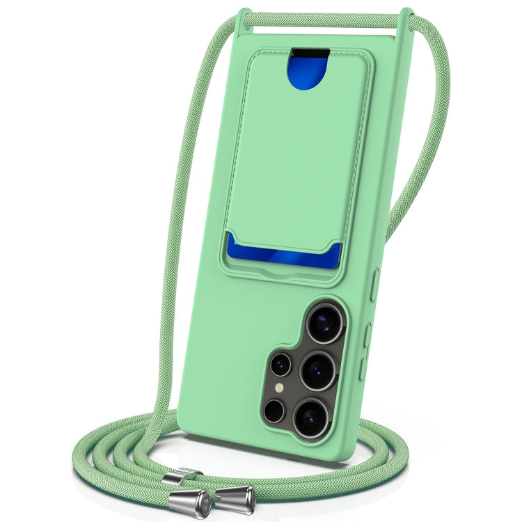 For Samsung Galaxy S25 Ultra 5G Integrated Card Bag Solid Color Liquid Silicone Phone Case with Lanyard(Green) - Galaxy S25 Ultra 5G Cases by PMC Jewellery | Online Shopping South Africa | PMC Jewellery | Buy Now Pay Later Mobicred