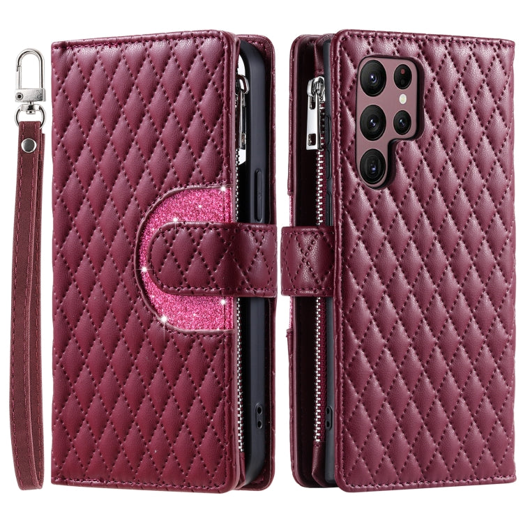 For Samsung Galaxy S25 Ultra 5G Glitter Lattice Zipper Wallet Leather Phone Case(Wine Red) - Galaxy S25 Ultra 5G Cases by PMC Jewellery | Online Shopping South Africa | PMC Jewellery | Buy Now Pay Later Mobicred