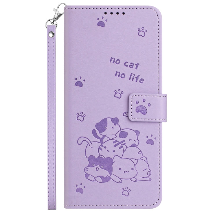 For iPhone 16e Embossed Kitten Phone Leather Case with Lanyard(Purple) - iPhone 16e Cases by PMC TechLife | Online Shopping South Africa | PMC TechLife | Buy Now Pay Later Mobicred