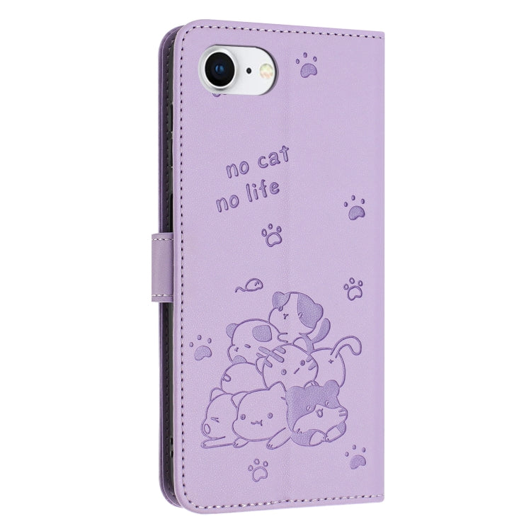 For iPhone 16e Embossed Kitten Phone Leather Case with Lanyard(Purple) - iPhone 16e Cases by PMC TechLife | Online Shopping South Africa | PMC TechLife | Buy Now Pay Later Mobicred
