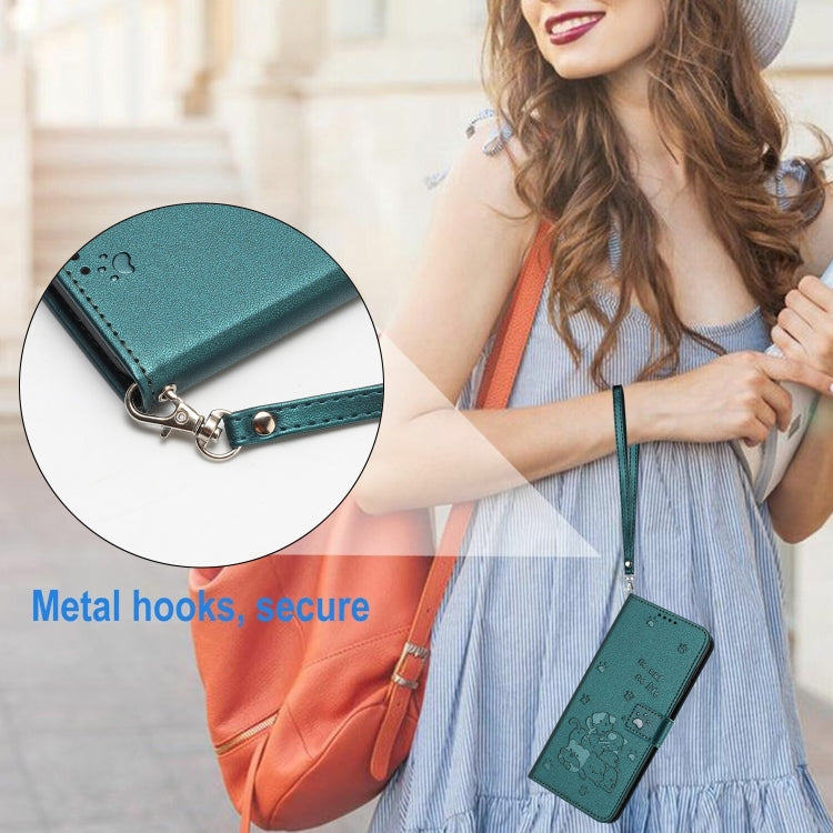 For iPhone 16e Embossed Kitten Phone Leather Case with Lanyard(Dark Green) - iPhone 16e Cases by PMC TechLife | Online Shopping South Africa | PMC TechLife | Buy Now Pay Later Mobicred